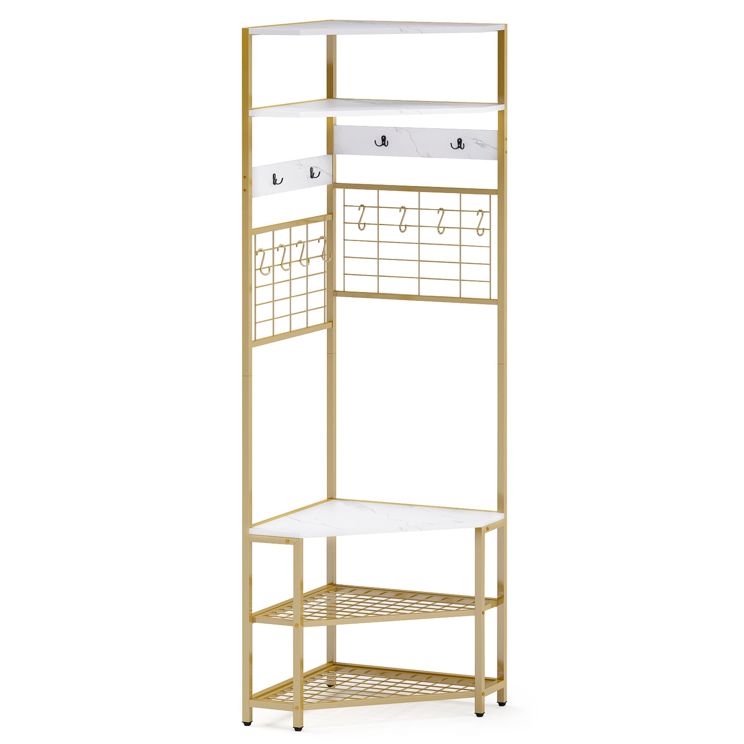 5-Tier Corner Hall Tree with Shoe Storage Bench-Rustic Brown - White