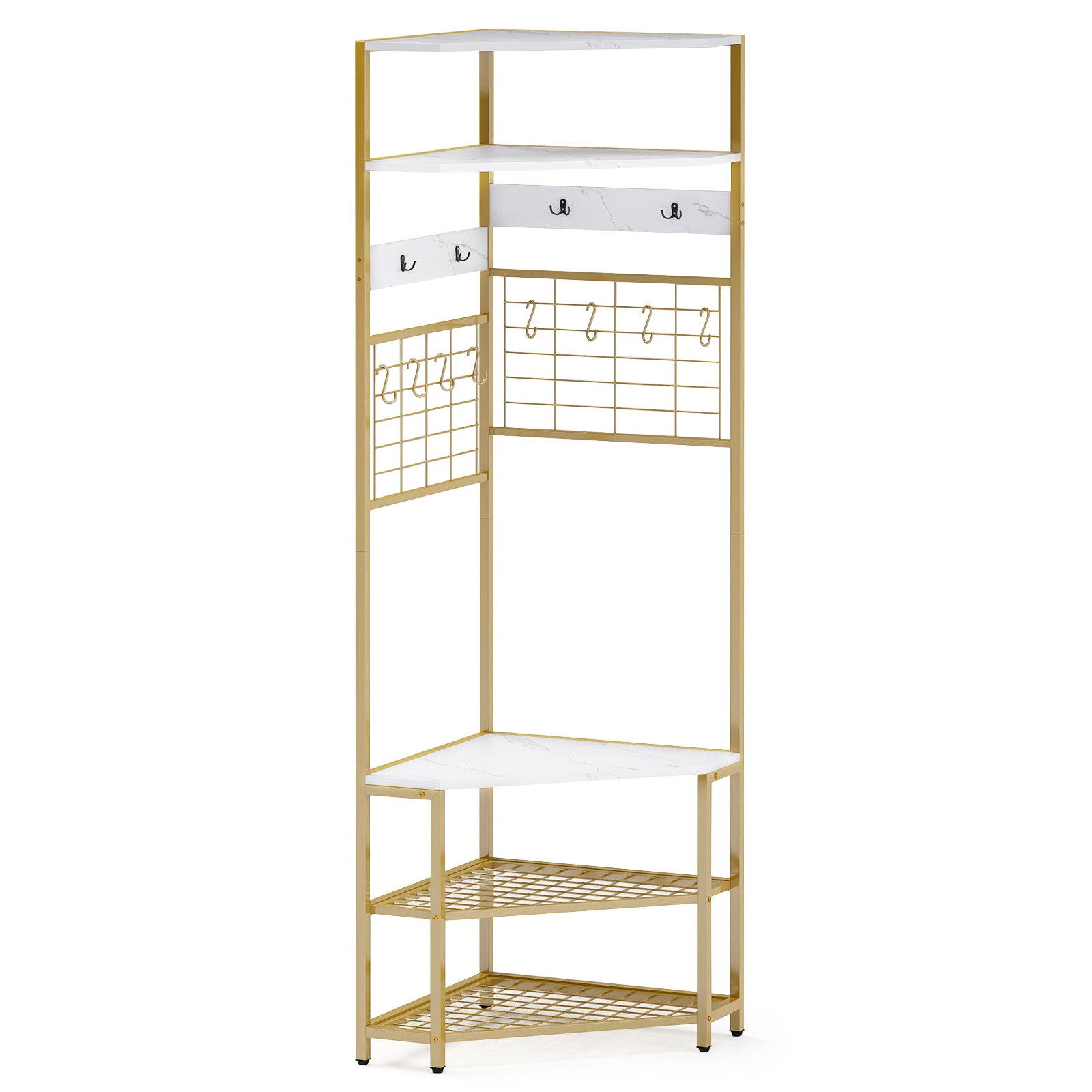 5-Tier Corner Hall Tree with Shoe Storage Bench-Rustic Brown - White