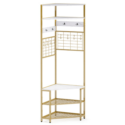 5-Tier Corner Hall Tree with Shoe Storage Bench-Rustic Brown - White