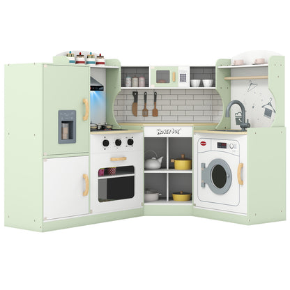Corner Kids Play Kitchen with Washing Machine and Ice Maker Gift for Boys Girls-Pink - Green