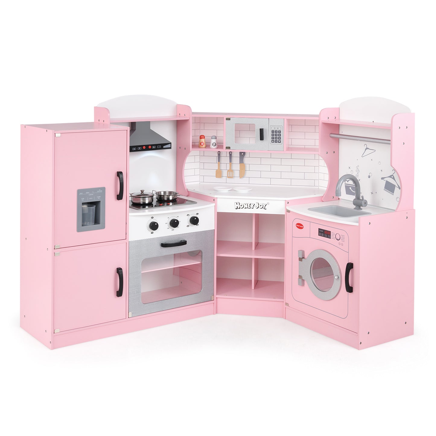 Corner Kids Play Kitchen with Washing Machine and Ice Maker Gift for Boys Girls-Pink - Pink