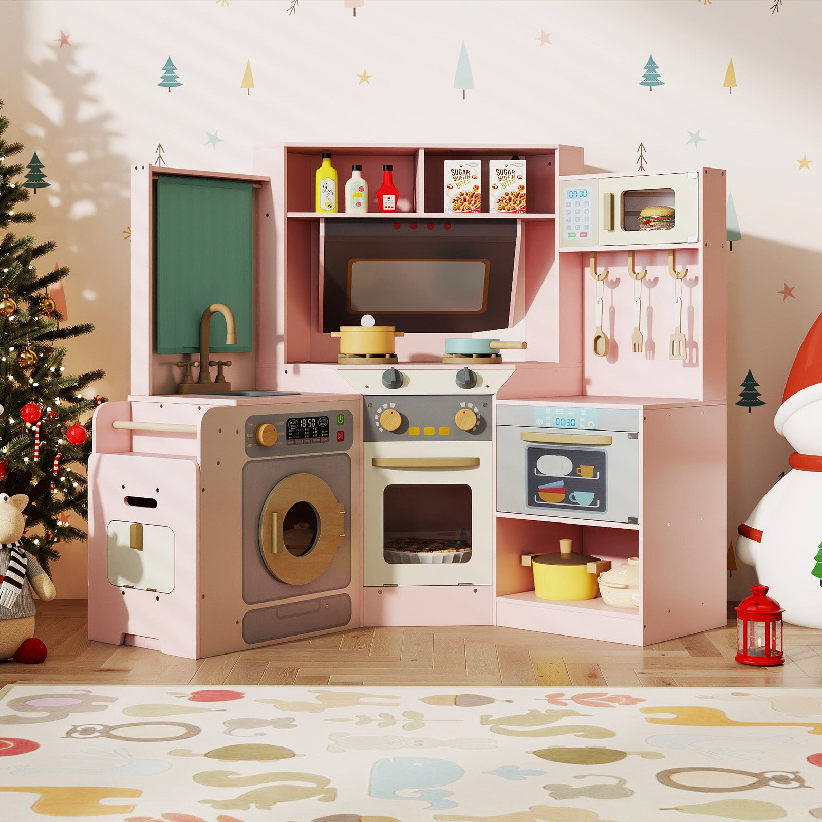Corner Kitchen Toys with Lights and Sounds with Pull-out Trash Can and Stoves-Pink