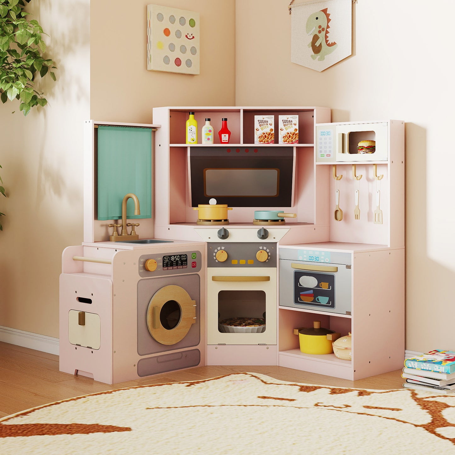Corner Kitchen Toys with Lights and Sounds with Pull-out Trash Can and Stoves-Pink