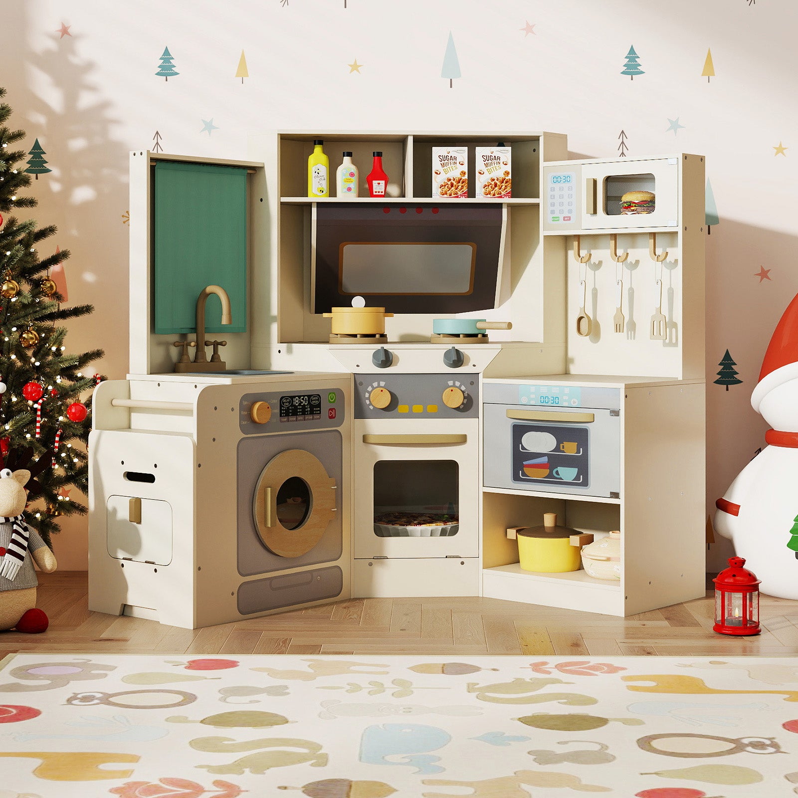 Corner Kitchen Toys with Lights and Sounds with Pull-out Trash Can and Stoves-Off White