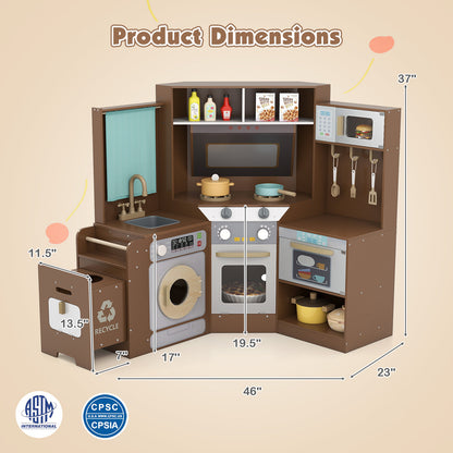 Corner Kitchen Toys with Lights and Sounds with Pull-out Trash Can and Stoves-Coffee