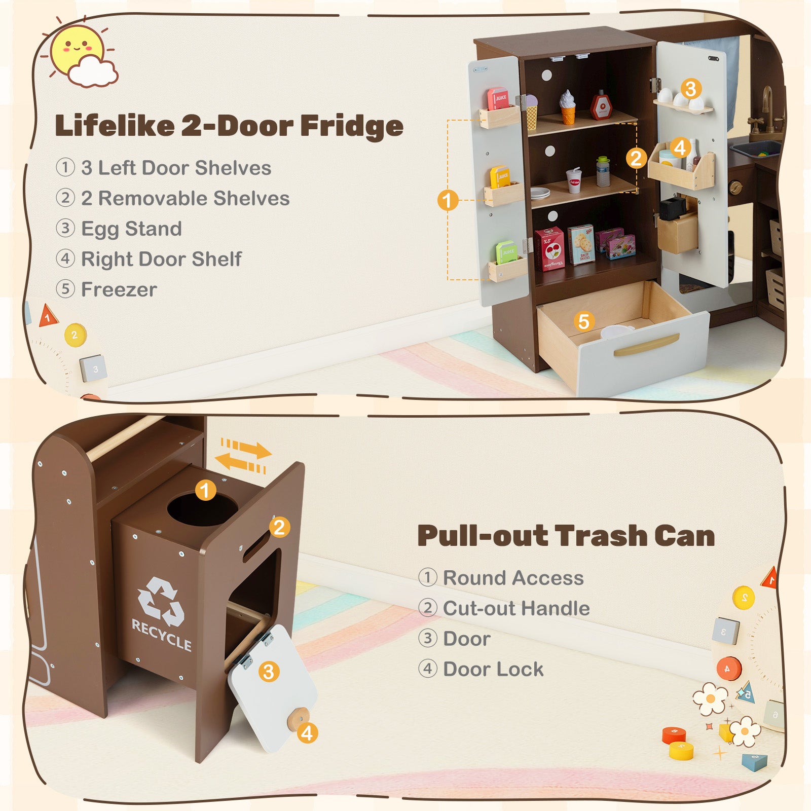 Corner Play Kitchen with Lights and Sounds for Ages 3+-Brown