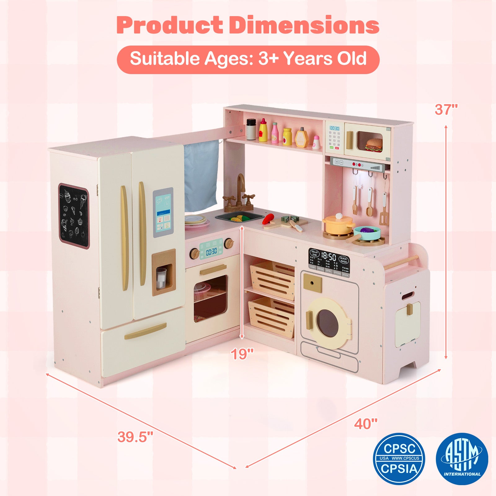 Corner Play Kitchen with Lights and Sounds for Ages 3+-Pink