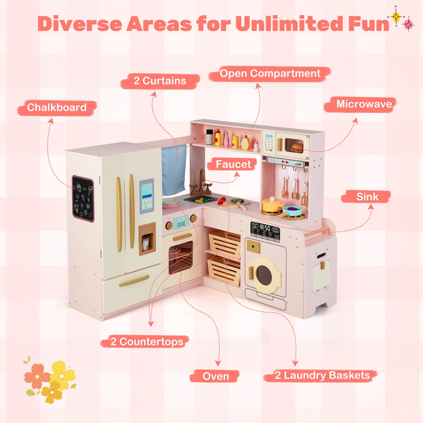 Corner Play Kitchen with Lights and Sounds for Ages 3+-Pink