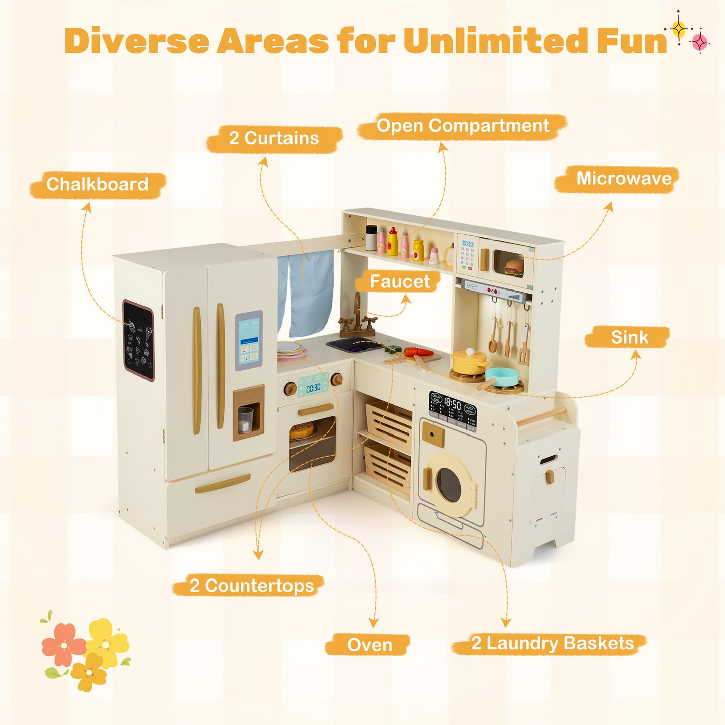 Corner Play Kitchen with Lights and Sounds for Ages 3+-Beige