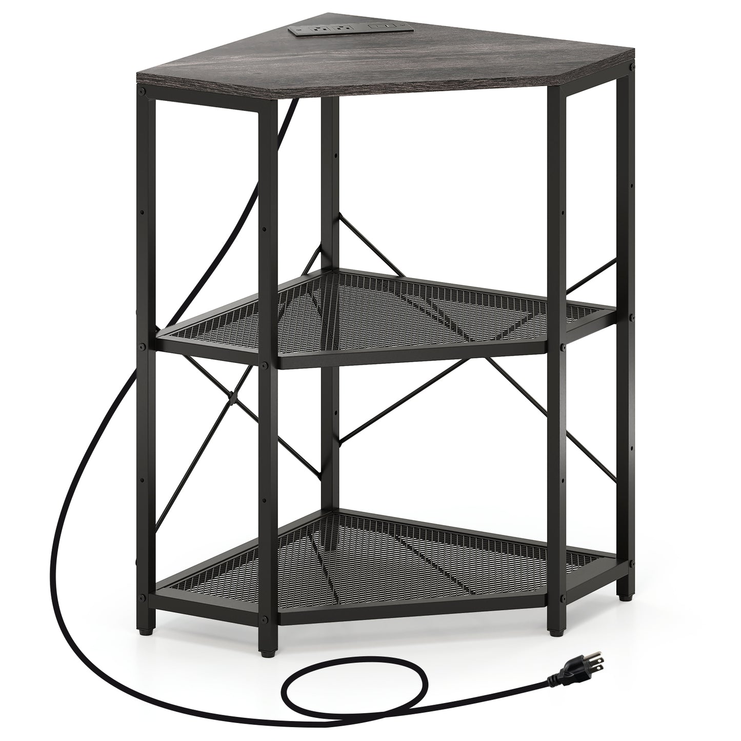 Corner Printer Stand with Power Outlet 3-Tier Storage Rack with Adjustable Shelf