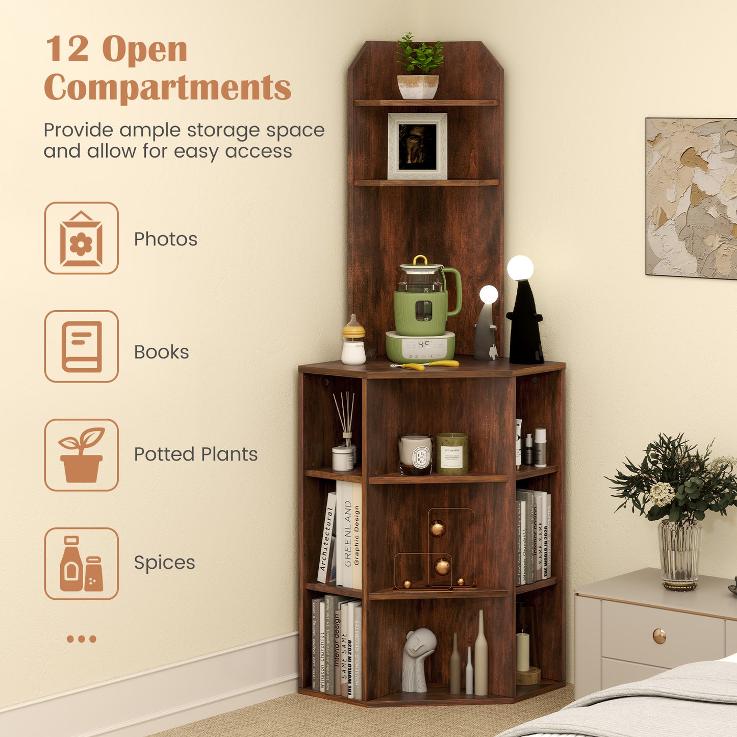 6-Tier Corner Shelf with Charging Station and 2 USB Ports