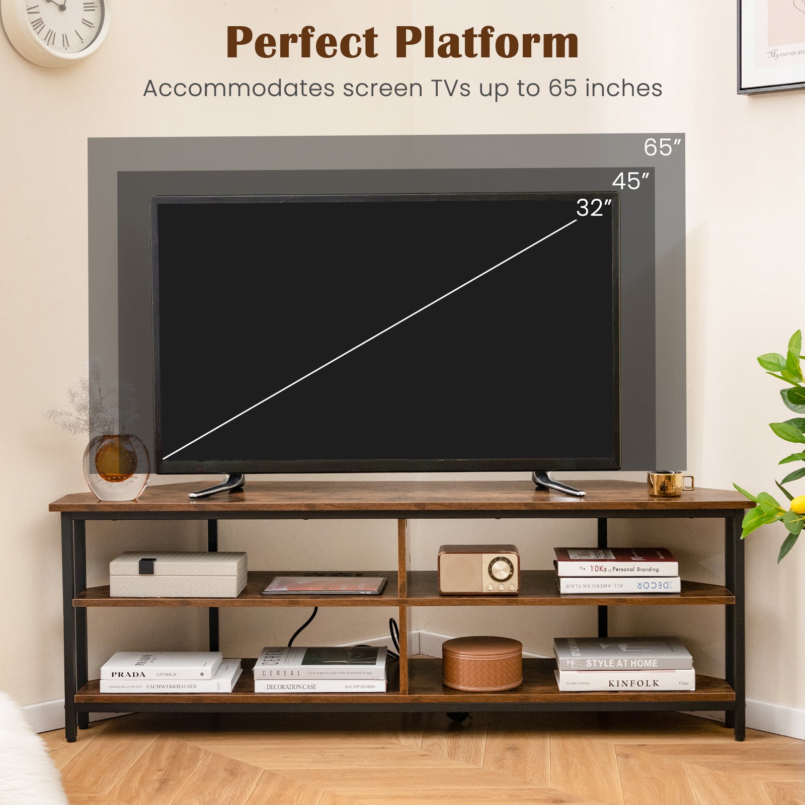 3-Tier Corner TV Stand for TVs up to 65 Inches with Charging Station- Rustic Brown