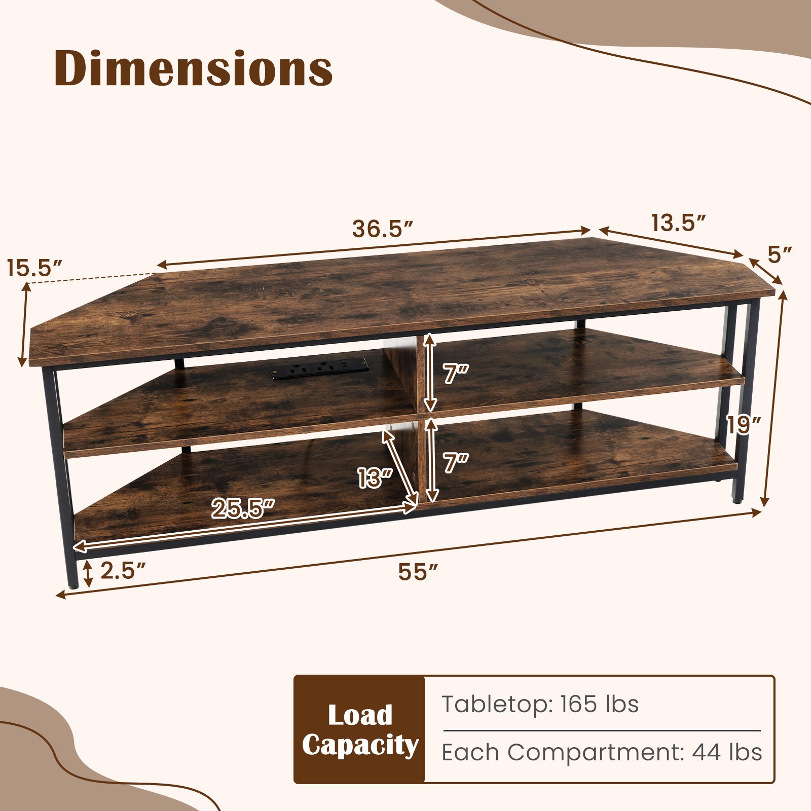 3-Tier Corner TV Stand for TVs up to 65 Inches with Charging Station- Rustic Brown