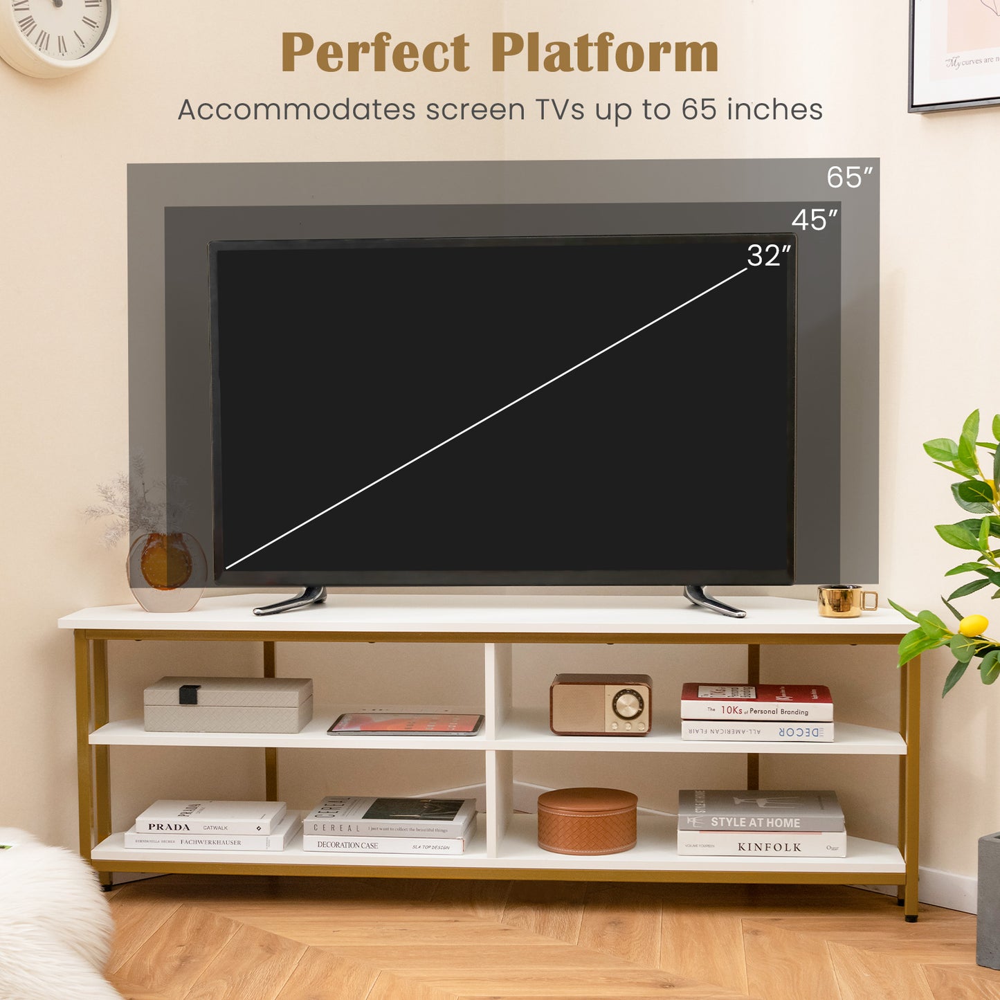 3-Tier Corner TV Stand for TVs up to 65 Inches with Charging Station- White