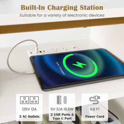 3-Tier Corner TV Stand for TVs up to 65 Inches with Charging Station- White