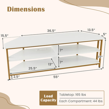 3-Tier Corner TV Stand for TVs up to 65 Inches with Charging Station- White