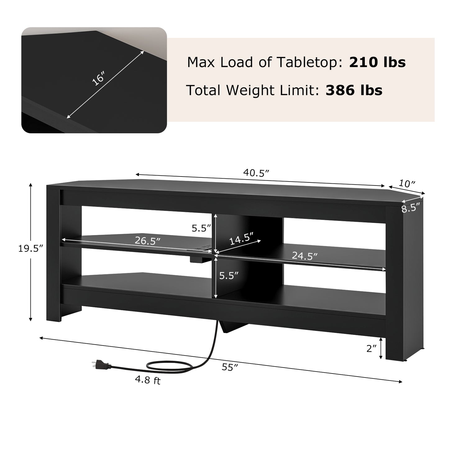 Corner TV Stand with Power Outlet and 4 Open Storage Shelves-Black