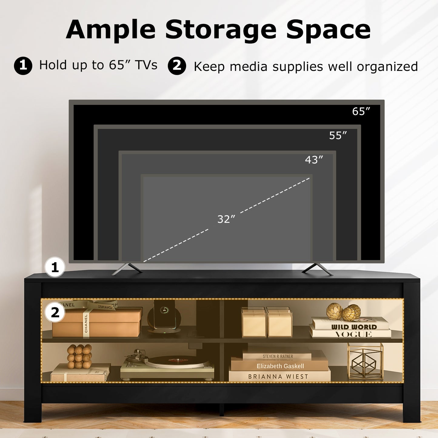 Corner TV Stand with Power Outlet and 4 Open Storage Shelves-Black