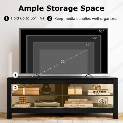 Corner TV Stand with Power Outlet and 4 Open Storage Shelves-Black
