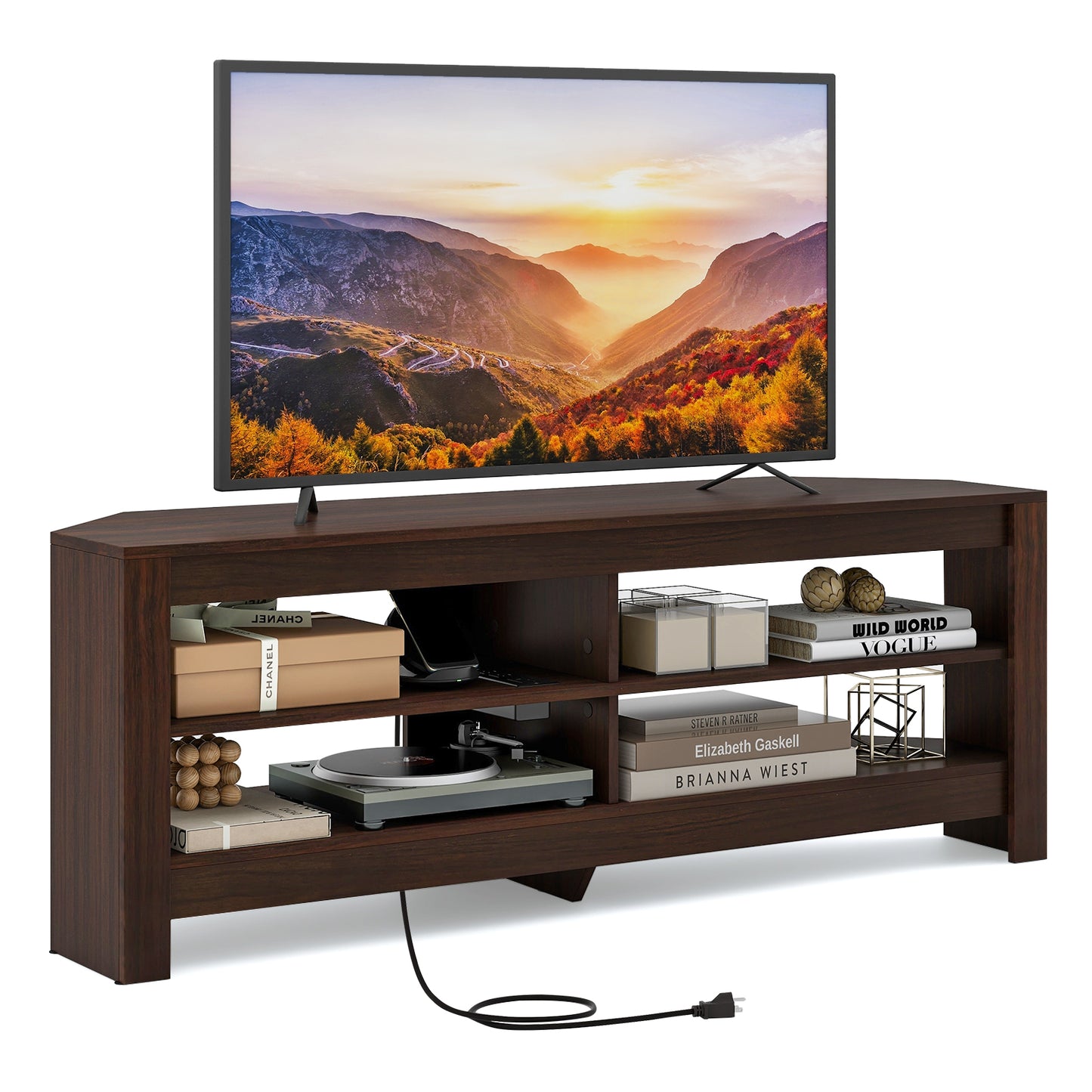 Corner TV Stand with Power Outlet and 4 Open Storage Shelves-Brown