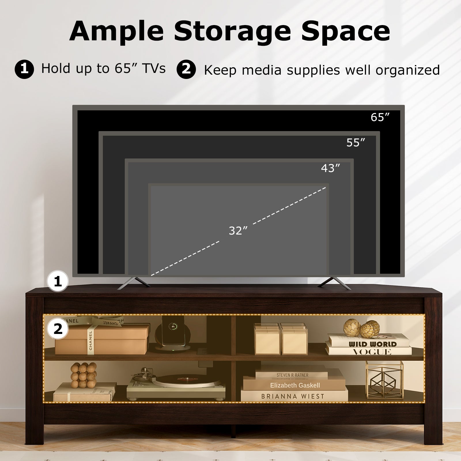 Corner TV Stand with Power Outlet and 4 Open Storage Shelves-Brown