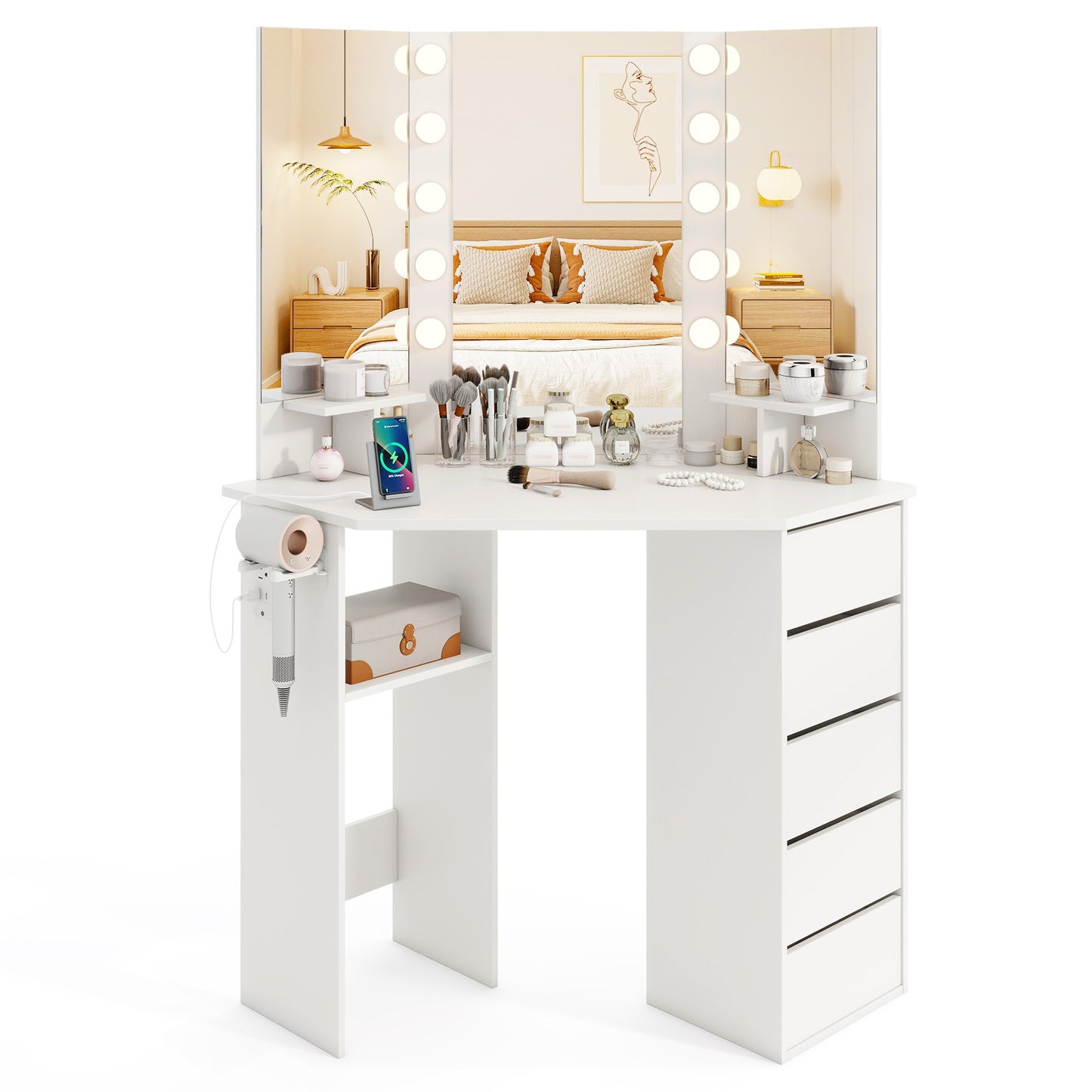 Corner Vanity Desk with 3-Color LED Lighted Mirror and Power Outlet-Black - White