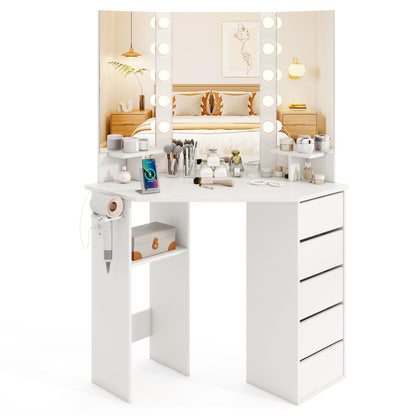 Corner Vanity Desk with 3-Color LED Lighted Mirror and Power Outlet-Black - White