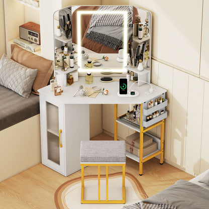 Corner Vanity Desk with Mirror and Lights Makeup Dressing Table with Triple Mirror-White