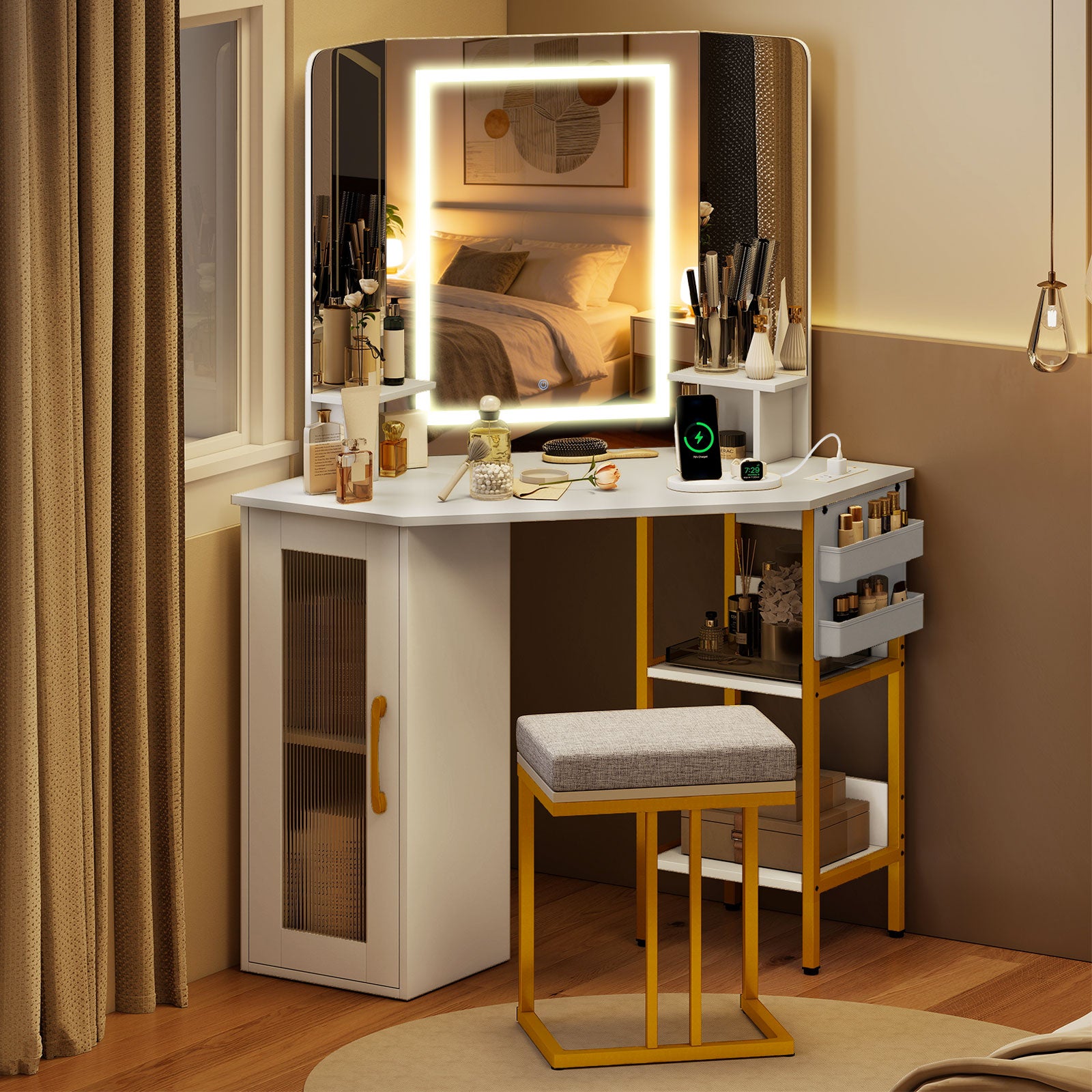 Corner Vanity Desk with Mirror and Lights Makeup Dressing Table with Triple Mirror-White