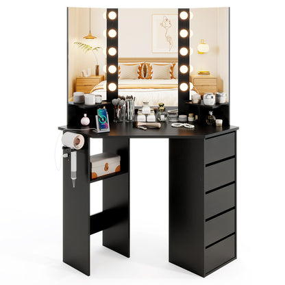 Corner Vanity Desk with 3-Color LED Lighted Mirror and Power Outlet