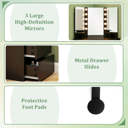 Corner Vanity Desk with 3-Color LED Lighted Mirror and Power Outlet