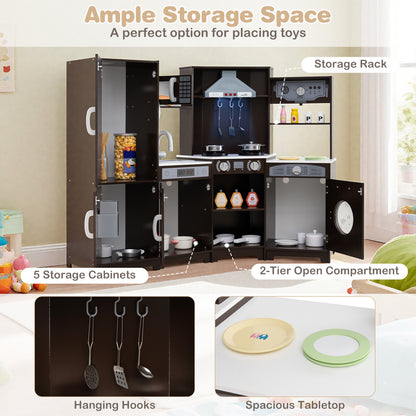 Corner Wooden Play Kitchen with Lights and Sounds Large Pretend Play Kitchen Set-Espresso