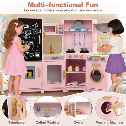 Corner Wooden Play Kitchen with Lights and Sounds Large Pretend Play Kitchen Set-Pink