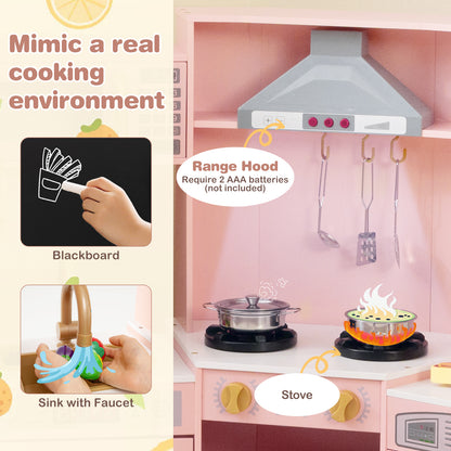 Corner Wooden Play Kitchen with Lights and Sounds Large Pretend Play Kitchen Set-Pink