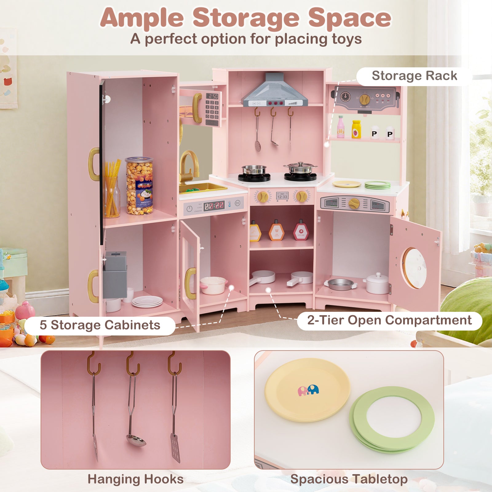 Corner Wooden Play Kitchen with Lights and Sounds Large Pretend Play Kitchen Set-Pink