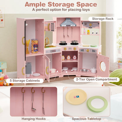 Corner Wooden Play Kitchen with Lights and Sounds Large Pretend Play Kitchen Set-Pink