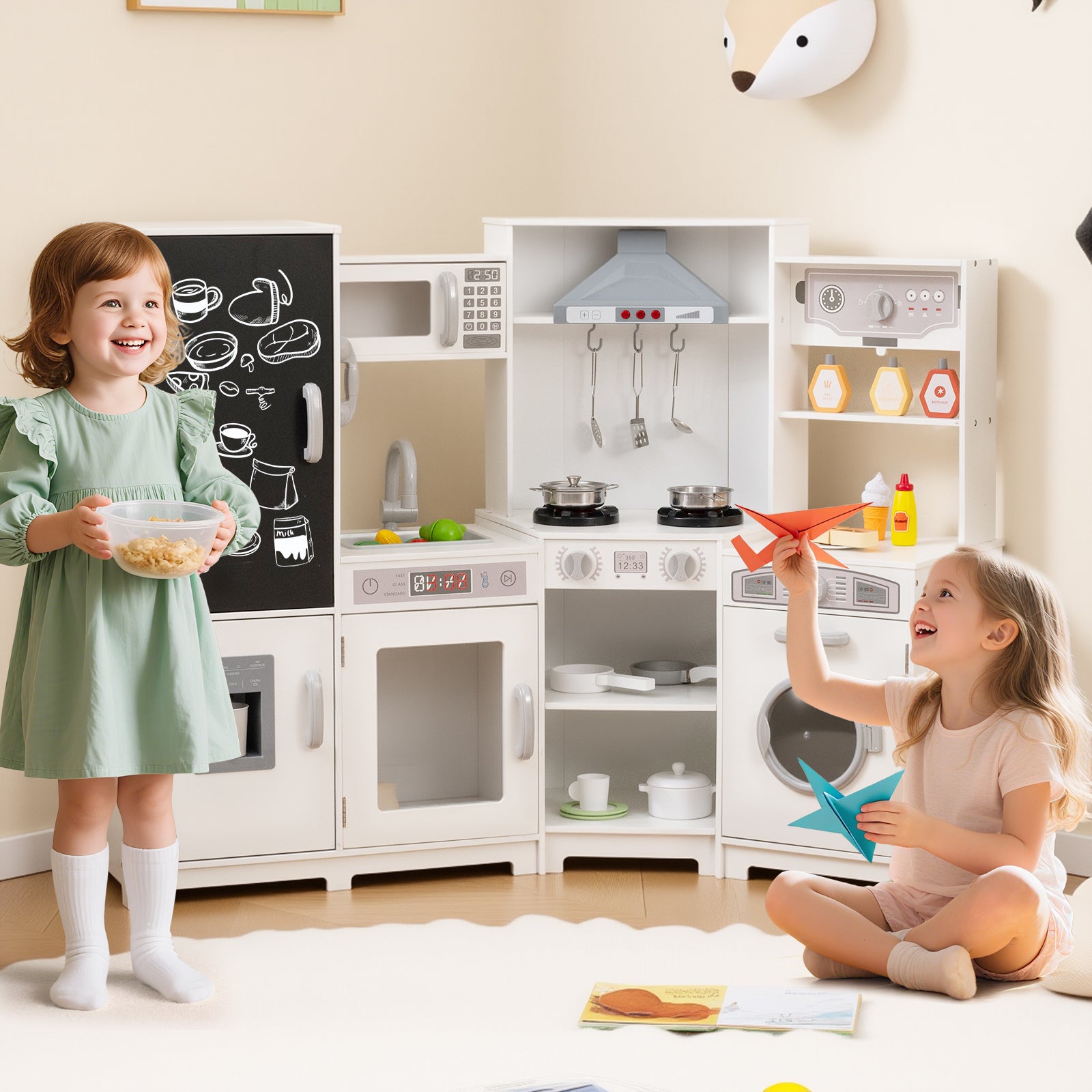 Corner Wooden Play Kitchen with Lights and Sounds Large Pretend Play Kitchen Set-White