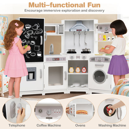Corner Wooden Play Kitchen with Lights and Sounds Large Pretend Play Kitchen Set-White