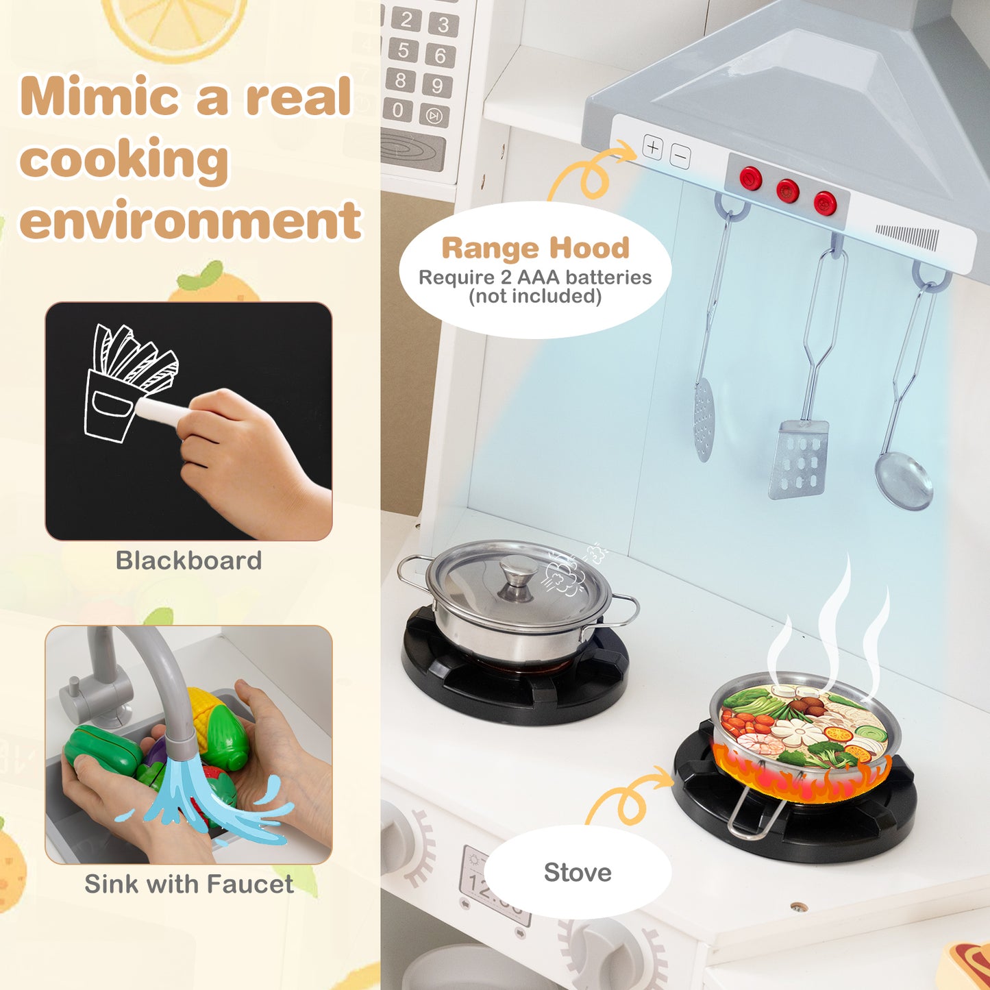 Corner Wooden Play Kitchen with Lights and Sounds Large Pretend Play Kitchen Set-White