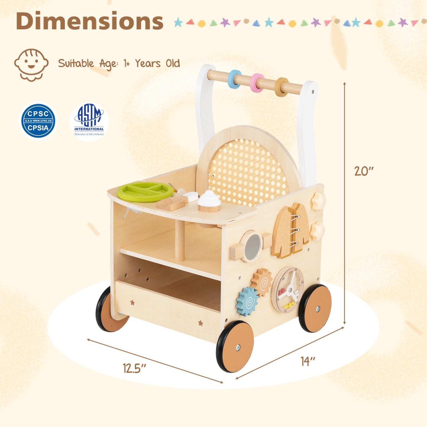 Wooden Push Walker 13-in-1 Activity Center with Storage