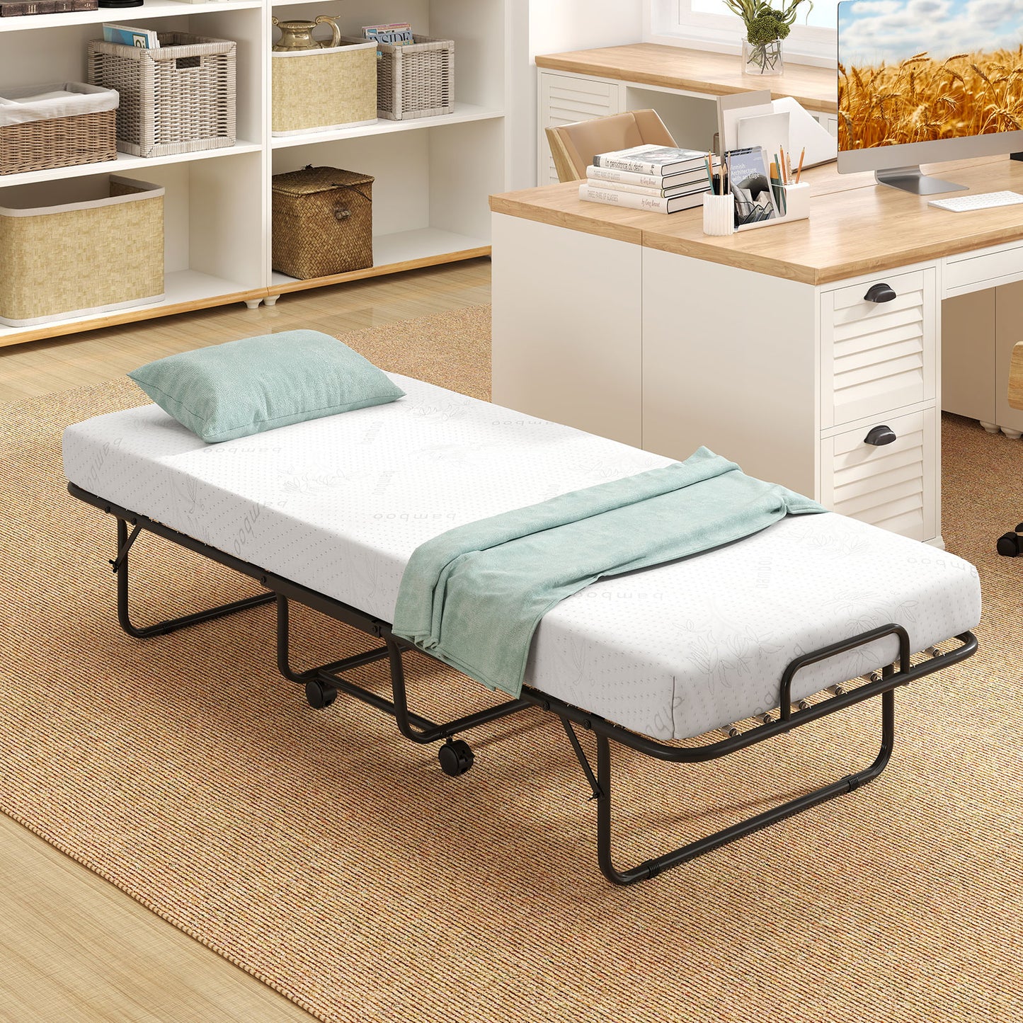 Cot Size Folding Bed Frame with Memory Foam Mattress and Metal Frame