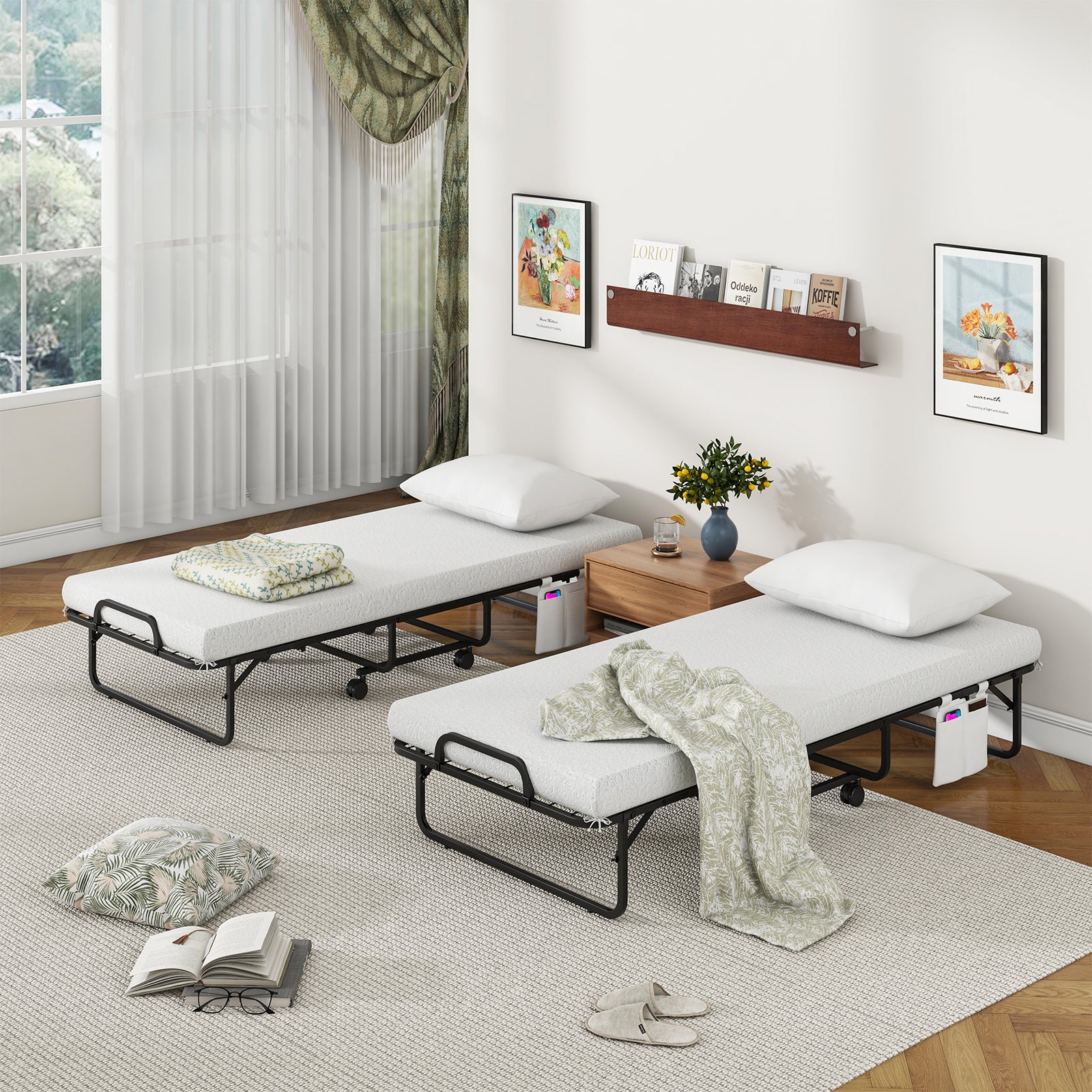 Space-Saving Narrow Twin Rollaway Bed with Pillow and Side Organizer Pocket