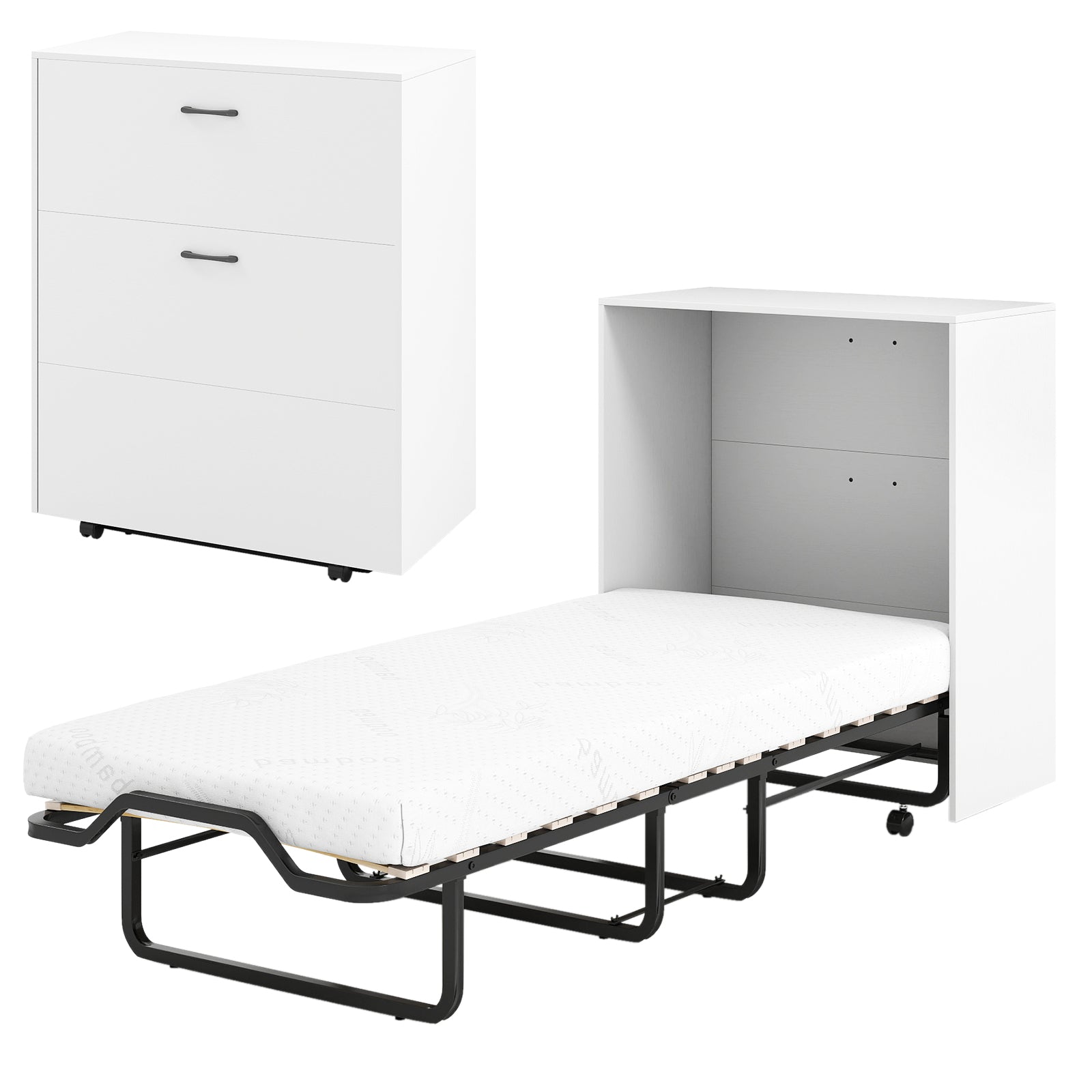 Cot Size Murphy Bed with Foldable Bed and Lockable Wheels-White - White