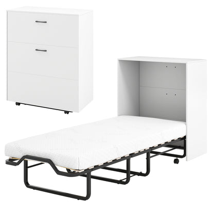 Cot Size Murphy Bed with Foldable Bed and Lockable Wheels-White - White