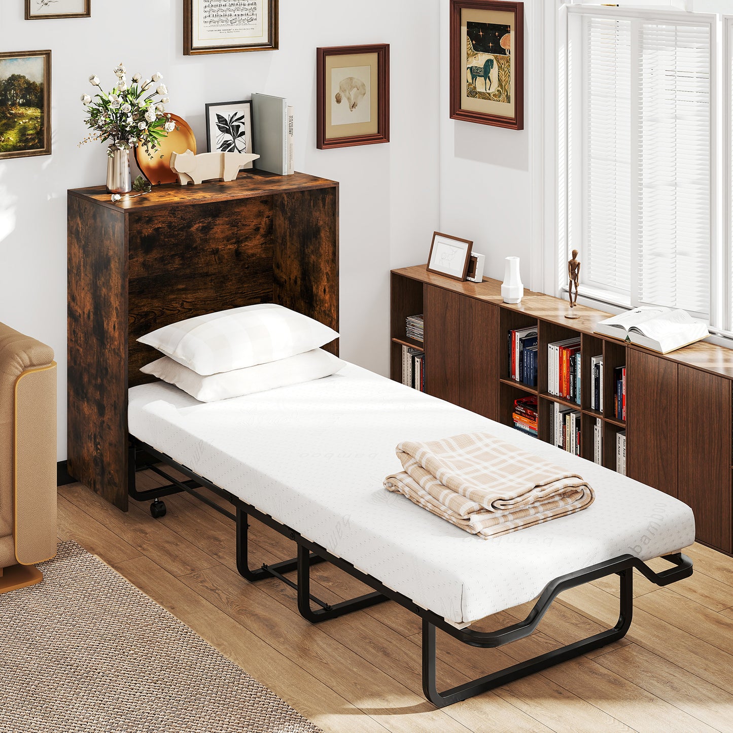 Cot Size Murphy Bed with Foldable Bed and Lockable Wheels