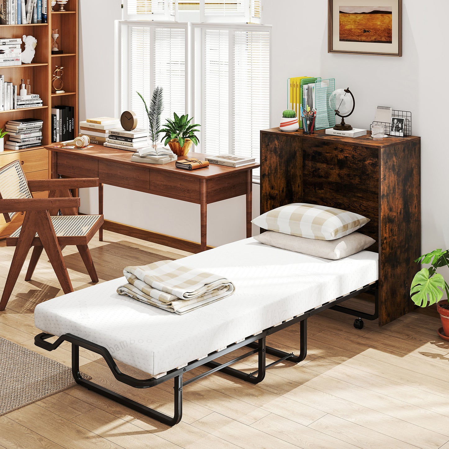Cot Size Murphy Bed with Foldable Bed and Lockable Wheels