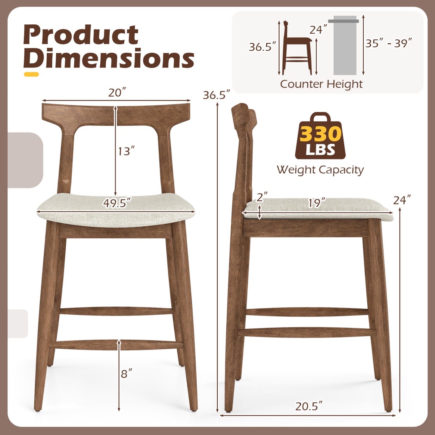 Counter Height Bar Stools 24 Inch Solid Wood Kitchen Island Chairs with Curved Backs