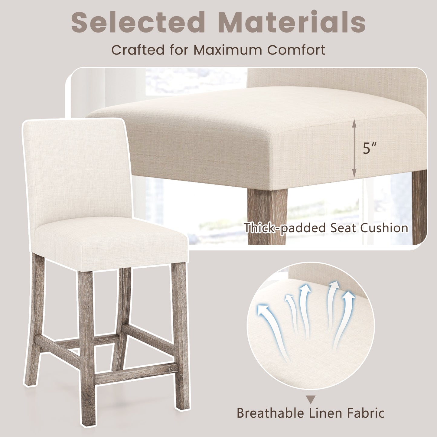 Counter Height Bar Stools Set of 2 with Back and Footrest-Beige