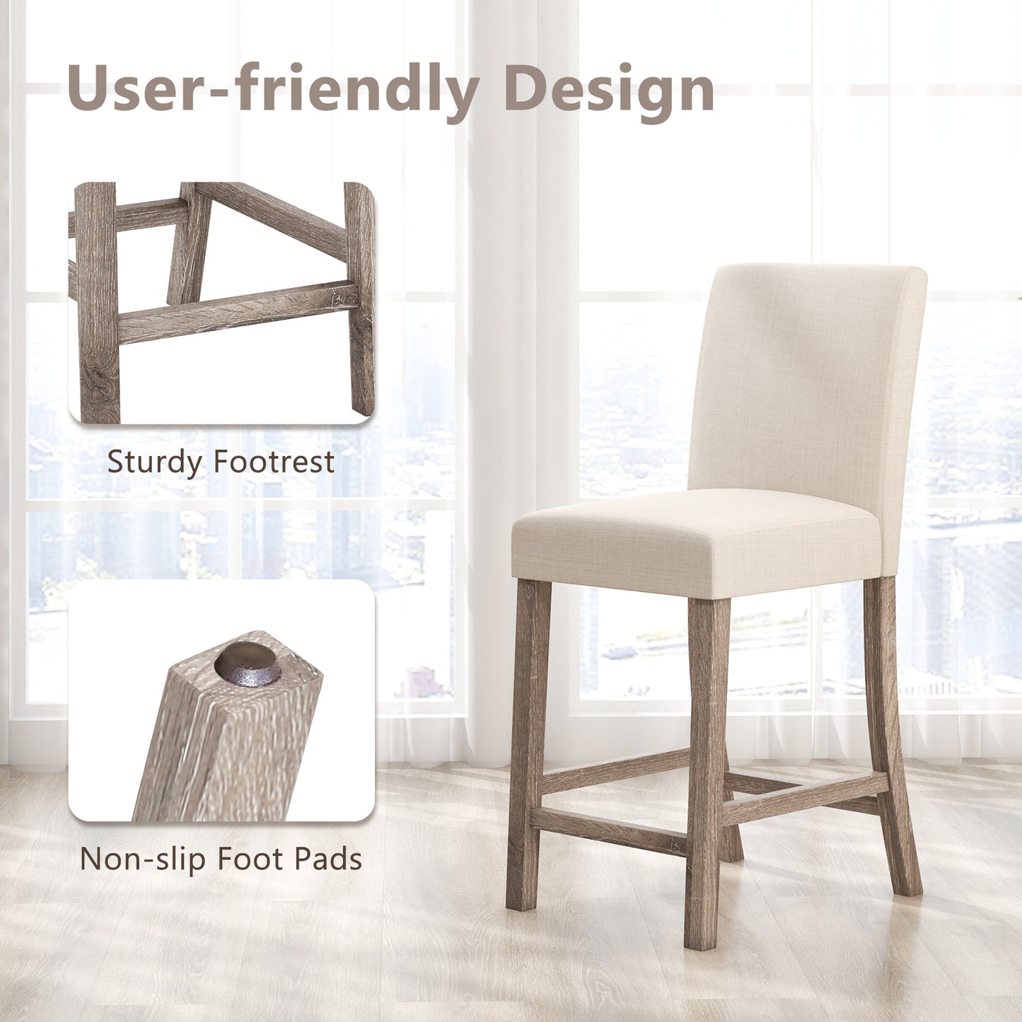 Counter Height Bar Stools Set of 2 with Back and Footrest-Beige