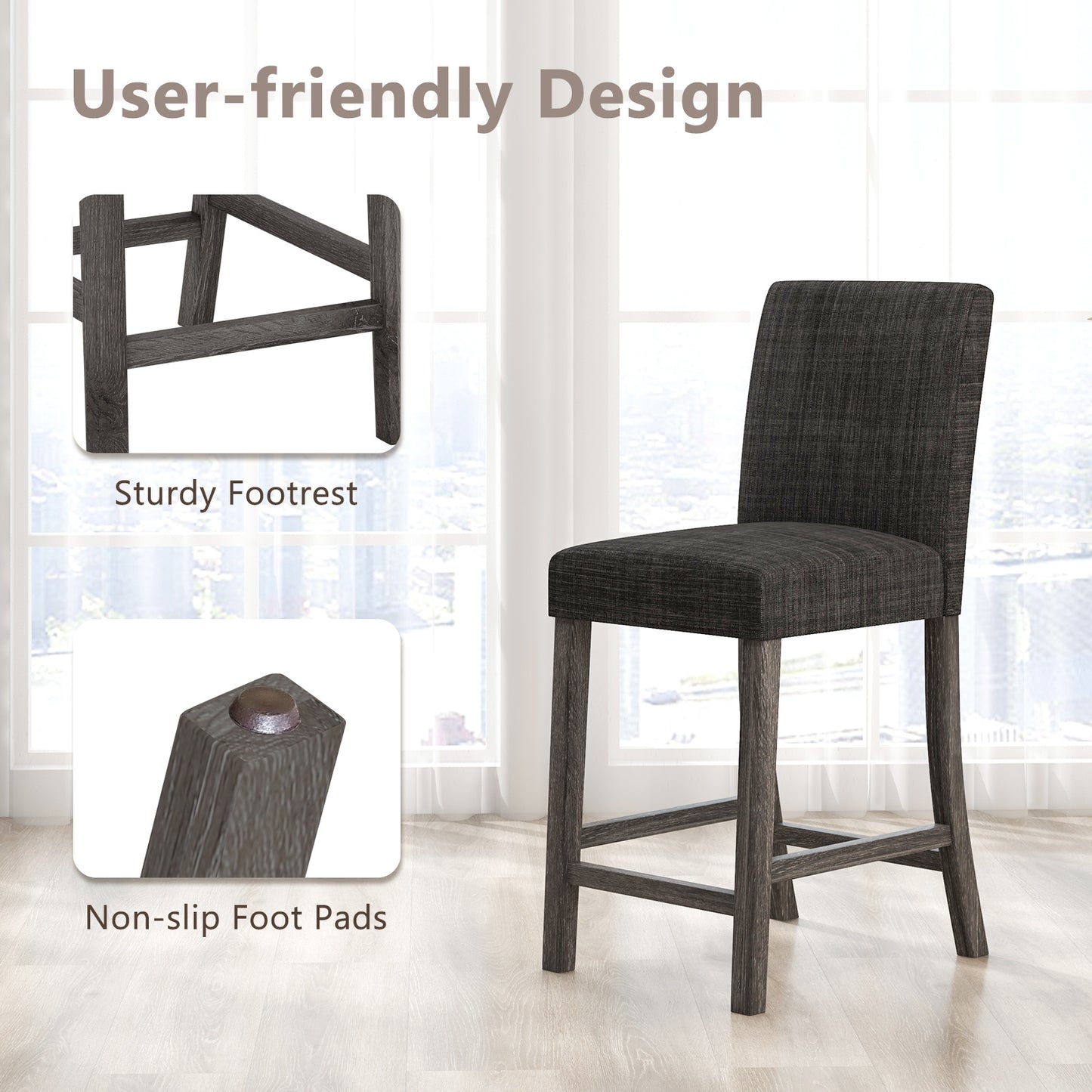Counter Height Bar Stools Set of 2 with Back and Footrest-Gray